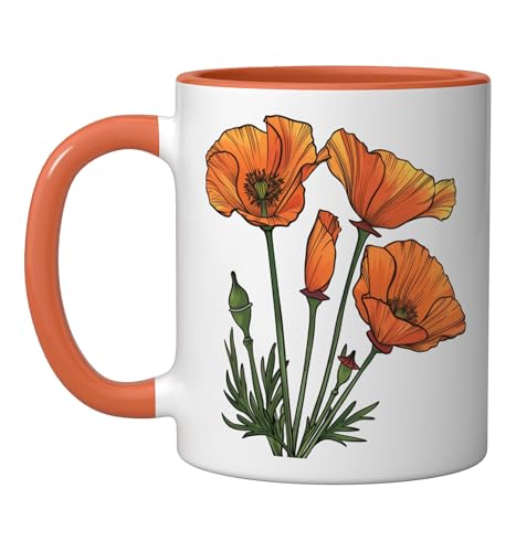 Taza de cerámica diseño flor California Poppy naranja/blanca miniatura 1