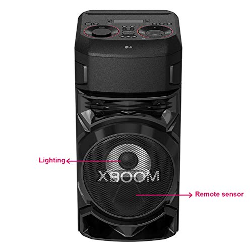 Image of LG RN5 500W Bluetooth, 2 USB, 1 MIC, Guitar, Karaoke Playback, DJ Effects, DJ Wheel, DJ Loop, DJ Pad, Sampler Creator, Multi-Color Lighting, Bass Blast XBOOM App Outdoor Speaker (Black)