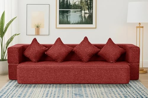 Image of C-Type Sofa Cum Bed 3-Seater Convertible Jute Fabric Sofa with Cushions, Modern Space-Saving Design for Living Room & Guest Room - Red Color
