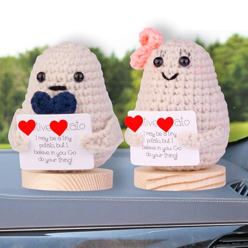Image of Handmade Emotional Support Potato Car Ornament, Funny Potato Knitting Doll Car Dashboard Decoration Gift with Wooden Base for Car Home Office(Bowknot Potato)