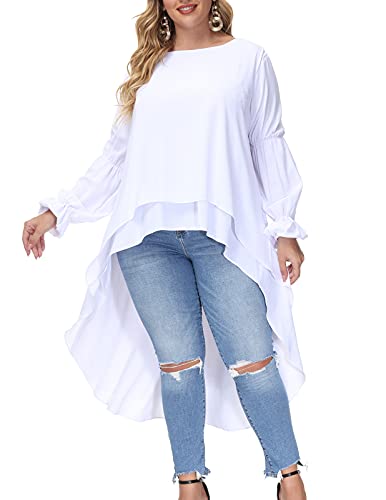 Hanna Nikole Peplum Tops for Women Plus Size High Low Dresses Ruffle Long Puff Sleeve Tunic Shirt 22W White