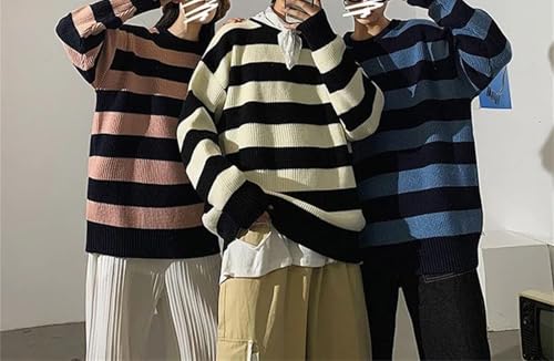 Men's Vintage Striped Sweater Loose Fit Knit Pullover Winter Streetwear Top3