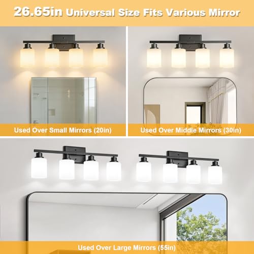 Image of Unicozin 4-Light Bathroom Light Fixtures, Modern Black Vanity Light Over Mirror, Wall Sconces with Milky White Glass Shades for Living Room Bedroom Hallway E26 Base