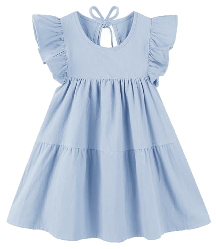 RJXDLT Toddler Dress Baby Girls Cotton Linen Ruffle Sleeve Tiered Swing Casual Summer Boho Dresses 379 Light Blue 110