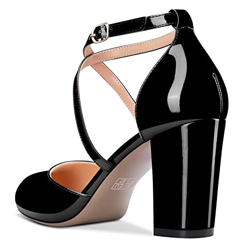 Castamere Women Chunky Block Mid Heel Round Toe Cross-Strap Pumps Slip-on Classic Cute Dress 3.2 Inches Heels3