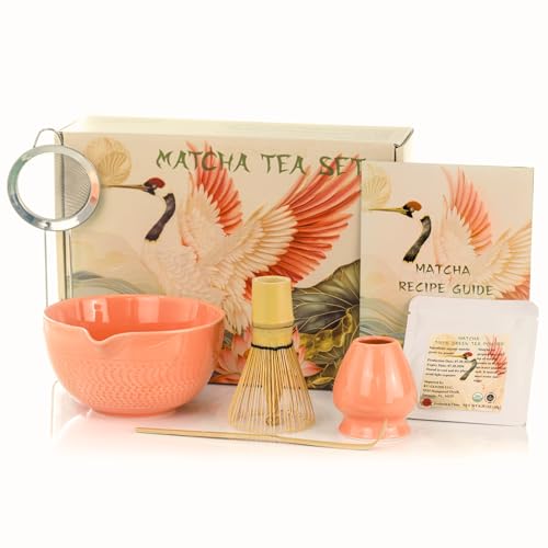KU GOODS Matcha Whisk Set, Ceramic Bowl with Spout, Bamboo Whisk, Ceremonial Matcha Powder, Recipe Guide, Sifter, Holder, Scoop, Matcha Kit for Tea Lovers, Gift Box (Salmon Pink)