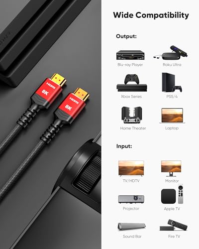 Image of Highwings 8K HDMI 2.1 Cable 2-Pack 1.5FT /0.5M, 48Gbps Ultra High Speed-Red | Braided Slim HDMI Cord, 8K60Hz 4K@120Hz 8K@60Hz, HDCP 2.2&2.3, eARC,Dynamic HDR,DTS:X Compatible for PS5 /Blu-ray /Roku TV /HDTV