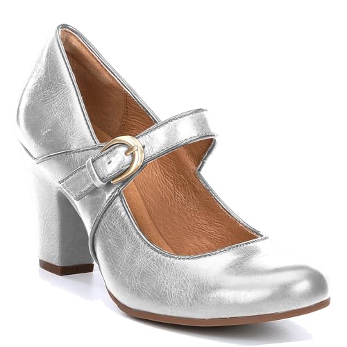 Image of SHODENSE Women Vintage Chunky High Heel Mary Jane Shoes Round Closed Toe Ankle Strap Dress Sandals 3 inch Block Heels Mary Jane Lolita Pumps Two-Toned Patchwork Buckle Office Lady Wedding Retro 4-11 M US