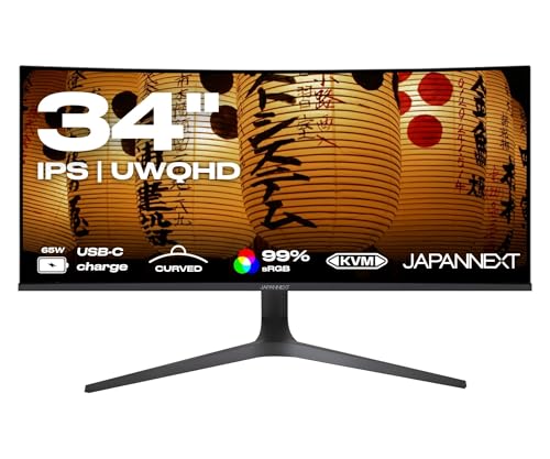 JAPANNEXT Monitor Curvo 34" IPS UWQHD (3440x1440) | HDR & KVM | Ricarica tramite USB-C (65W) Altezza regolabile Altoparlanti integrati | G-Sync/FreeSync | Garanzia 2 anni | JN-IPSC34UWQHDR-C65W-H