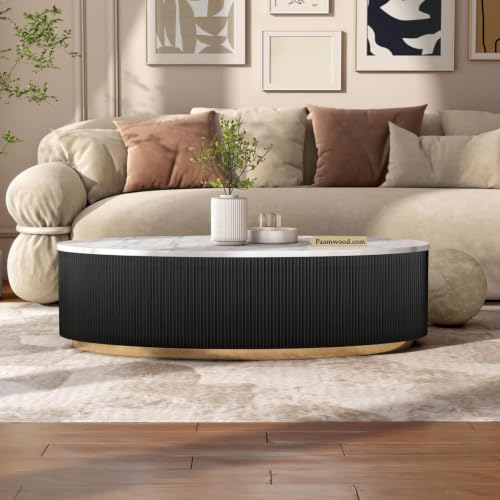Image of Luxury Oval Black Coffee Table with Nano Composite Marble-Look Top & Gold Base, Waterproof Plywood, Contemporary Center Table with Ribbed Fluted Design for Living Room & Home Decor