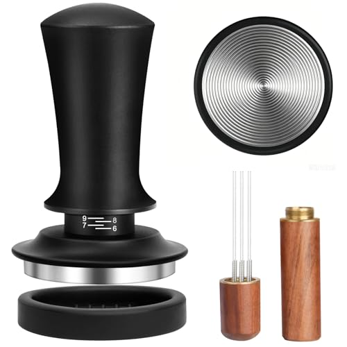 ANTREATU 54mm Coffee Tamper 54mm Spring Loaded Tamper with Scale WDT Tool and Silicone Mat Aluminum Handle & Stainless Steel Base