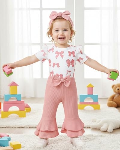 Renotemy Newborn Baby Girl Clothes Infant Romper Spring Summer Outfits Gifts Bell Bottoms Pant Sets for Girls Preemie-12Month - Image 3