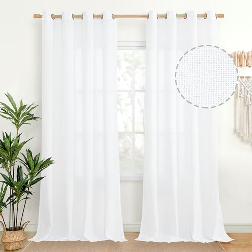 YoungsTex Extra Long White Linen Curtains 95 inches Length for Living Room, Textured Semi Sheer...