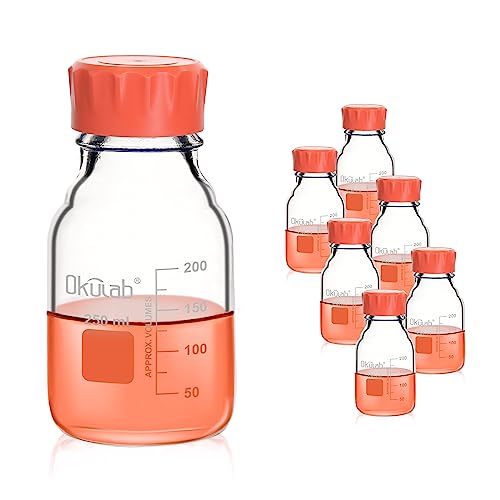 Okulab 6pcs of 250ml(8.5oz) Round Media Storage Bottles, 3.3 Borosilicate Glass, with GL45 Screw Caps in PP Materia, GL45RB250B6