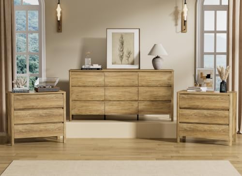 Image of Furniway 3 Piece Bedroom Set, 9 Drawer Dresser and Nightstands, Natural Oak