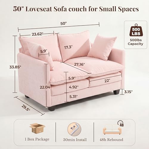 Image of Loveseat Sofa with Cloud 3-Layer Cushion & 27 inch Deep Seat, Modern Love Seat Small Couch with 2 Washable Pillows for Small Spaces, Bedroom, Apartment, Office, Living Room, in a Box, 50-Inch Blush Pink