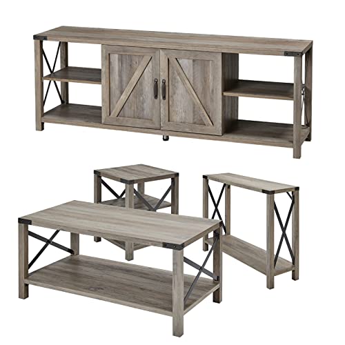 Amerlife 4-Piece Industrial Living Room Table Set - Includes TV Stand, Coffee Table, Console Table & End Tables for Farmhouse - Grey Wash Amerlife 4-Piece Industrial Living Room Table Set - Includes TV Stand, Coffee Table, Console Table & End Tables for Farmhouse - Grey Wash