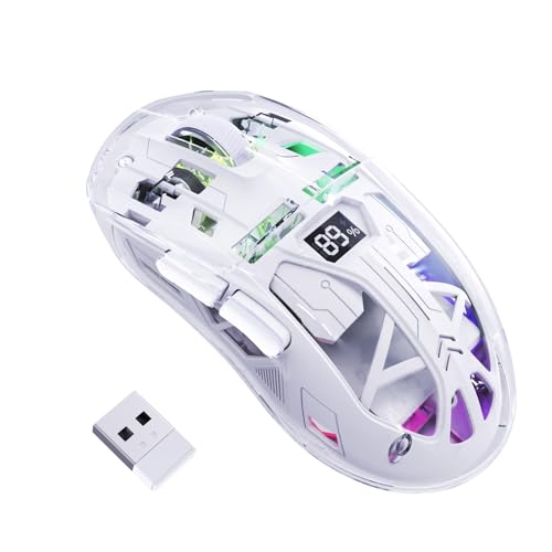 ZIYOU LANG×FREEWOLF A2 ゲーミングマウス ワイヤレス RGBイルミネーション 透明PCケース 原相3212チップ 1680万色照明 電池残量ディスプレイ 2.4G＆Bluetooth接続 人間工学デザイン 長寿命スイッチ DPI調整可能 800-4000DPI 5段調整 Windows/Mac対応【正規代理店保証品】―ホワイト