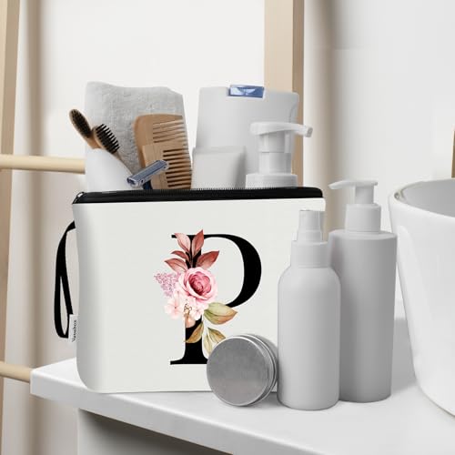 Image of Vavabox A-Z Personalized Makeup Bag, Birthday Gifts for Women Mom, Gifts for Best Friend, Bride Bridesmaid Cosmetic bag (P, 03-White Set)