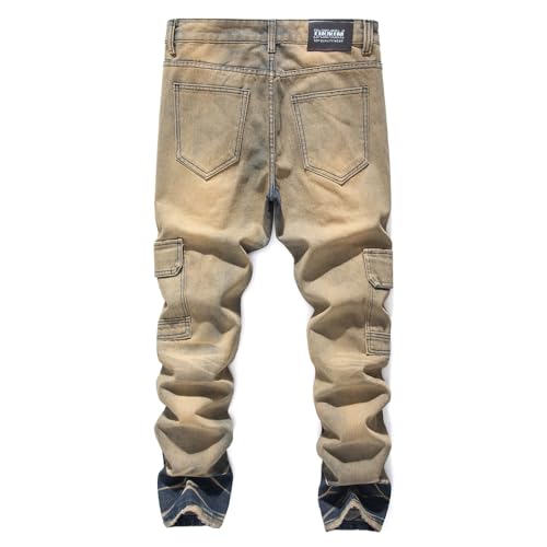 Men's Straight Slim Jeans Denim Pants Printed Biker Moto Casual Multi-Pocket Male2