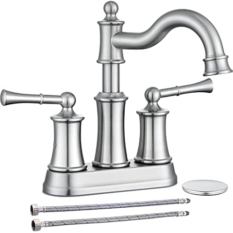 WINKEAR Centerset Bathroom Sink Faucet Brushed Nickel 2 Handles Fit for 2 Holes Deck Mount Installation Pop-up Drain Assembly with Overflow Deck Plate and Water Supply Lines Included Cover