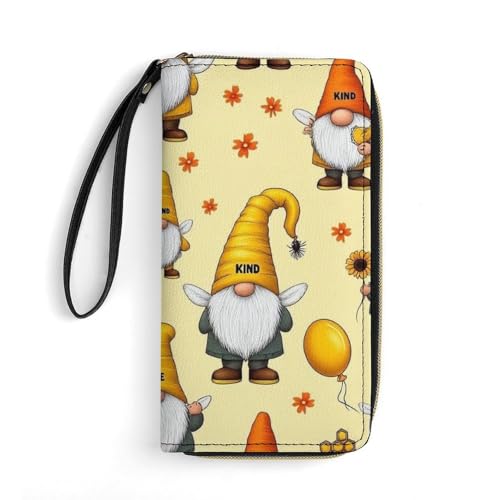 Long PU Zipper Wallet With Rope, Travel Purse Fashion Design, Huge Storage Capacity Wallet, Cute Decor Purse For Men And Women Funny Honeybee Gnomes Bee Sunflower Yellow Flowers Floral