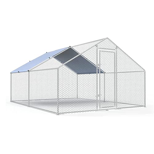Large Metal Chicken Coop Walk-in Poultry Cage Chicken Run Pen Duck House with Waterproof and Anti-Ultraviolet Cover for Outdoor Farm Use Spire Roof(10' W x 13.2' L x 6.4' H)