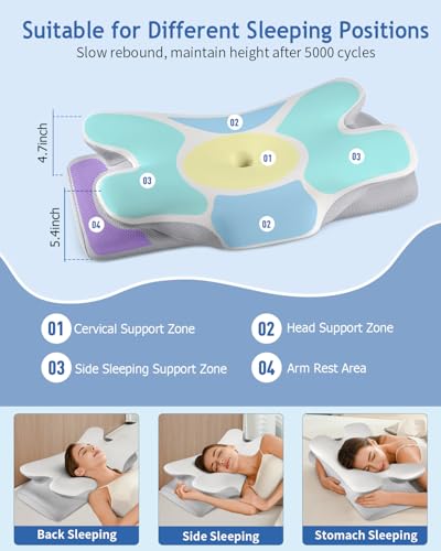 Cervical Neck Pillow for Pain Relief Sleeping, Cooling Ergonomic Contour Side Sleeper Pillow for Neck Support, Odorless Soft Memory Foam Orthopedic Bed Rest Pillow for Back Stomach Sleeper, Grey