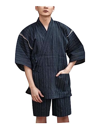 Men's Kimono Japanese Jinbei Shirt and Pant Cotton Linen Loungewear Lounge Set Spa Bathrobe, Style 5 Multicolor