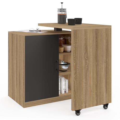 IDMarket - Ilot rotatif POLO meuble de bar pivotant 2 en 1 imitation hêtre porte noire