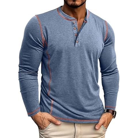Men's Casual Henley Shirts Long Sleeve Basic Button T-Shirt Collarless Lightweight Pullover Tops Raglan Sleeve Blue Cover