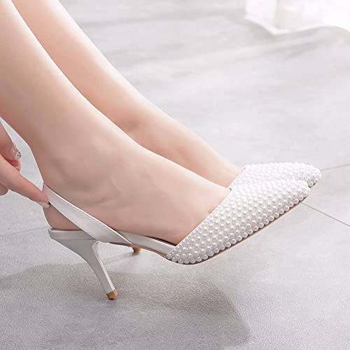 Pearl Slingback Heels for Women, Pointed Closed Toe Slip on Heeled Sandals Satin Stiletto Heel Evening Bridal Shoes for Wedding4