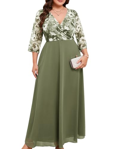 Image of ZOMVA Plus Size Maxi Formal Dress Lace Chiffon Floral V-Neck Wrap Wedding Guest Evening Gown Cocktail Prom 3 /4 Sleeves
