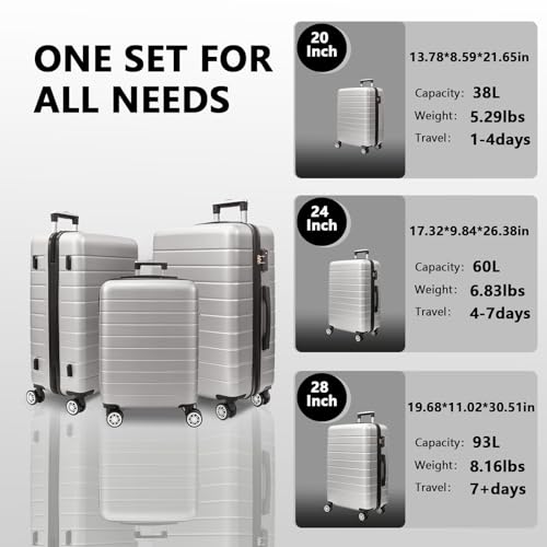 VANELC 3-Piece Luggage Sets Travel Lightweight Suitcases with Rolling Wheels,TSA lock & ABS Hard Shell,Carry on Luggages for Business, Trip, (20/24/28) (Silver Grey, 3PCS)4