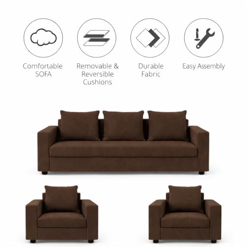Image of Wood 3+1+1 Sofa Set 5 Seater | Velvet Fabric Upholstery | Wooden Frame Sofa Set with 3 Seater & 2 Single Chairs for Living Room, Home & Office (Brown)