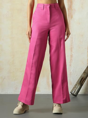 Image of High Star Women High Rise Solid Regular Length Wide Leg Casual Trousers