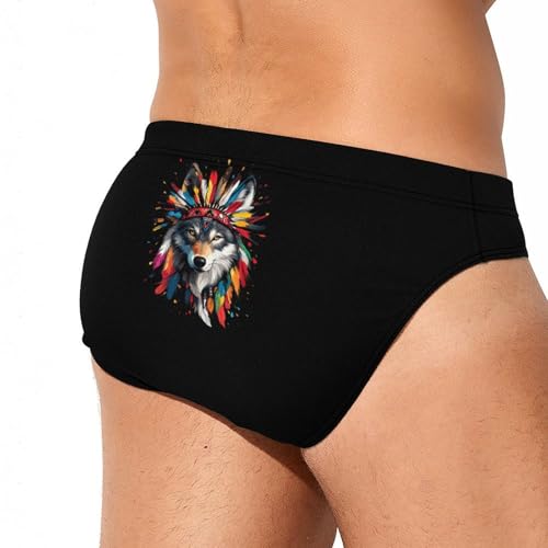 Native Indian Wolf Colorful Printed Swim Briefs for Men Sexy Bikini Swimwear Elastic Beach Trunks Bathing Suit4