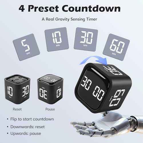 Image of Pomodoro Timer Cube, Productivity Visual Timer Flip, 5 /10 /30 /60 Min Preset Custom Countdown, ADHD Tool Rotating Countdown Stopwatch, Vibrate /High /Low Volume, for Study, Work, Game, Kitchen-Black