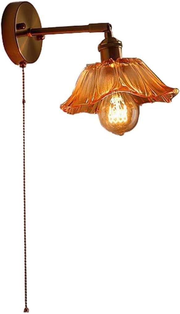 HUAYUSEDF Vintage Wall Sconce with Amber Flower Glass Light Fixture Purple Clear Nordic Modern Pull Chain Gold Farmhouse Mounted Lamp for Bedroom Living Room Bedside(Amber)
