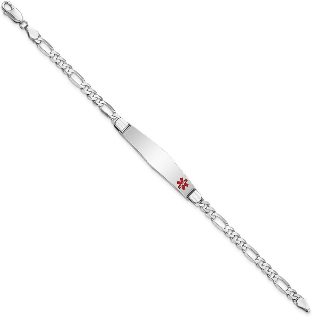 JewelryWeb 8.5mm 14k White Gold Medical Soft Diamond Shape Red Enamel Figaro Link ID Bracelet Identification Bracelet for Women