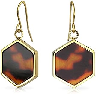 Hexagon Shaped Brown Tortoise Shell Dangle Drop Earrings For Women Gold Plated Stainless Steel