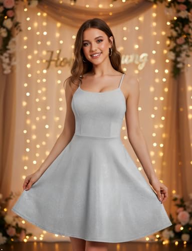 Image of Bbonlinedress Spaghetti Straps Sparkly Homecoming Dress Fit and Flare Glitter Mini Swing Semi Formal Prom Party Club Dress