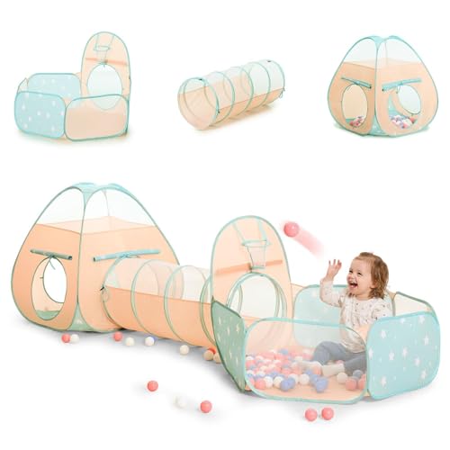 Image of PigPigPen Play Tent for Kids: 3-in-1 Ball Pit with Crawl Tunnel and Princess Tent, Portable Playhouse for Toddlers Boys Girls, Indoor Outdoor Toys Gift Set