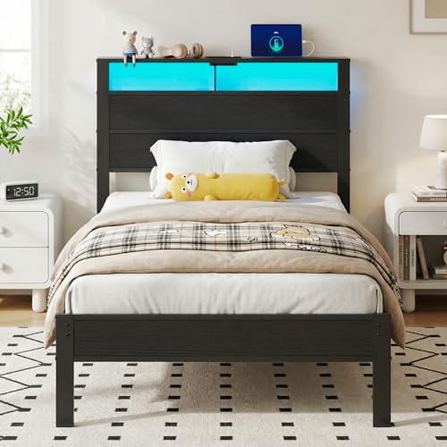 Image of Black Twin Bed Frame with LED Lights and USB Charging Station, Modern Metal Platform Bed with Storage Headboard and Under-Bed Space, Noise Free, Sturdy Frame, No Box Spring Needed, Easy Assembly