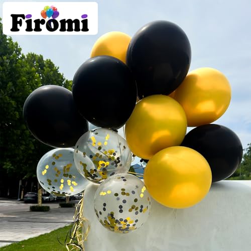 Image of Firomi Metallic Chrome Gold Black Balloons 12 Inch 70 pack (with 2 Ribbons)