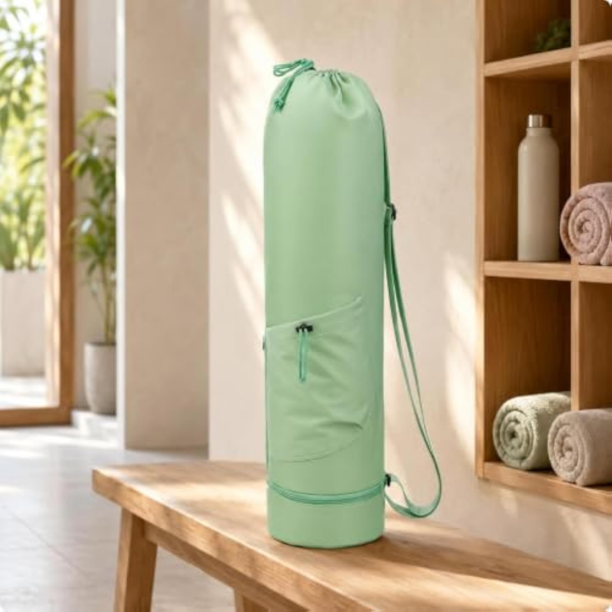 Crossbody Fitness Mat Bag Drawstring Closure, Green