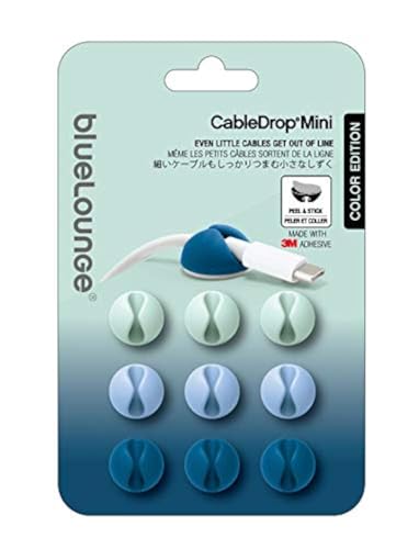 CableDrop Mini Bluelounge en azul degradado, pack de 9 organizadores de cables para escritorio