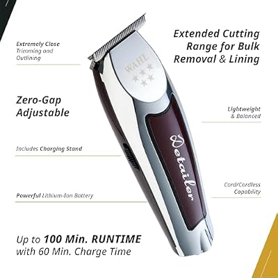 Wahl Professional 5 Star Cordless Detailer Li Trimmer T Wide Blade, Lithium-Ion Battery 100 Min Runtime for Hair & Beard, with Charging Stand