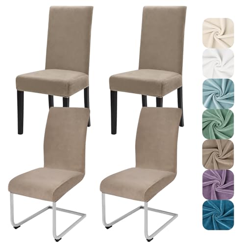 Alishomtll Stretch Samt Stuhlhussen 4er Set Velvet/Velour Stuhlbezug Schwingstuhl Elastische Hussen Waschbarer Stühle Schutz für Küche Restaurant Hotel Bankett Hochzeit (Khaki, 4 Stück)