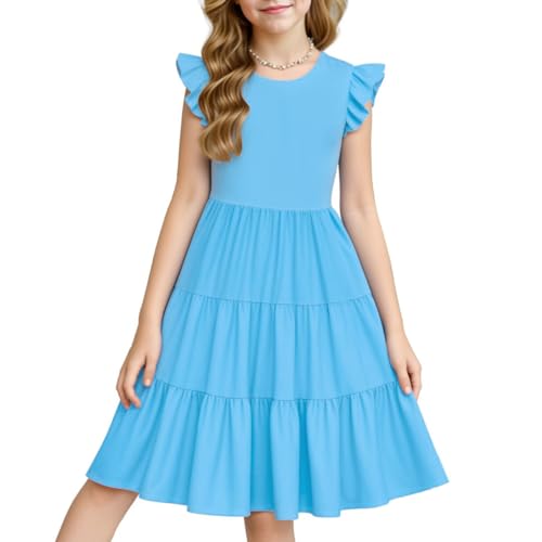 LQSZ Girls Summer Dresses with Ruffle Short Sleeve Midi Casual A-Line Twirly School Sundress Size 3-12 Years